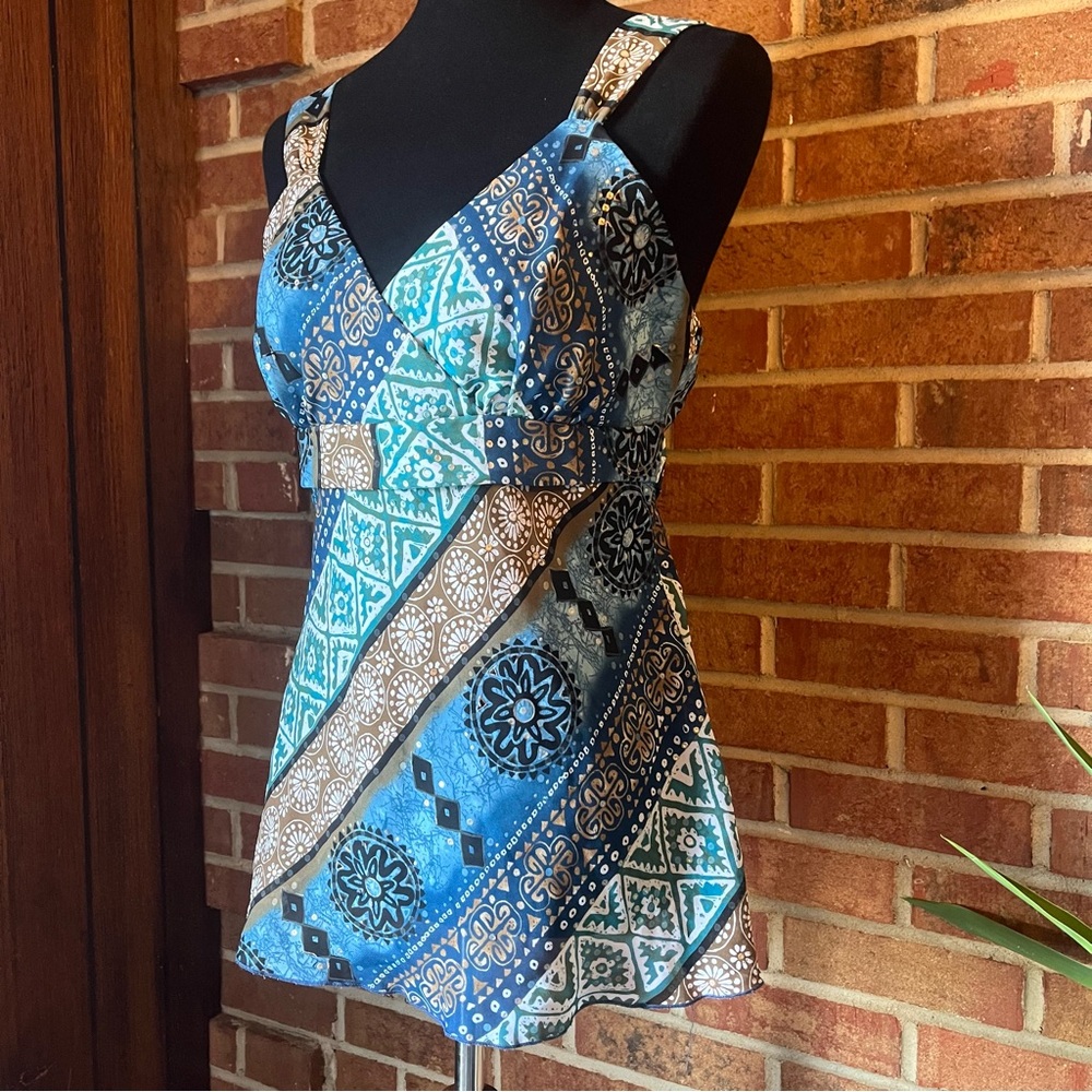 B Works Women Juniors XL Camisole Top V-Neck Faux Wrap Floral Mandala Boho Print